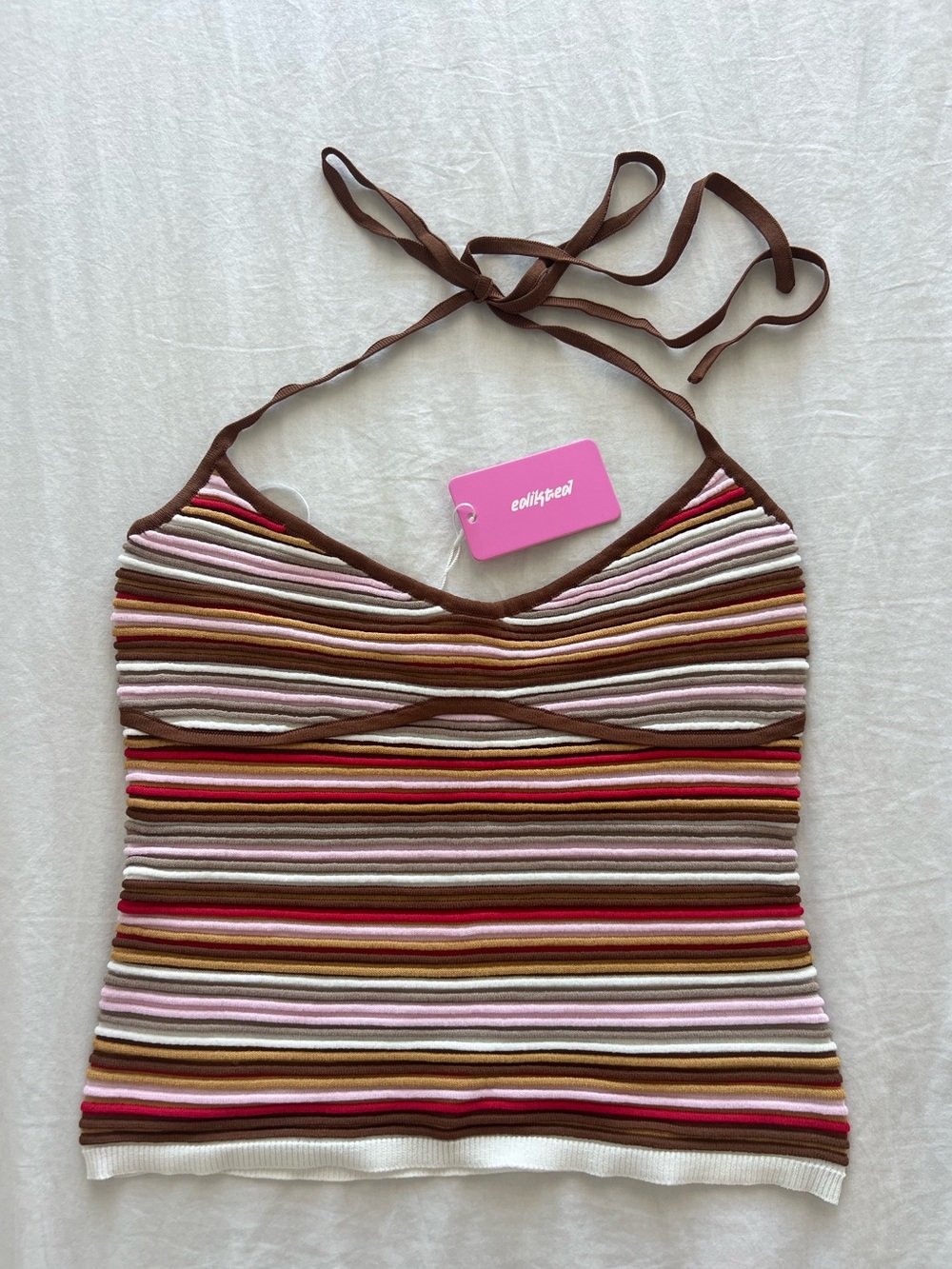 Edikted Brown Multi Striped Knit Halter Top - Medium